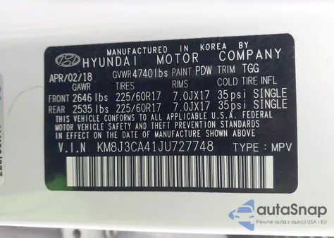 2018 Hyundai Tucson Sel z USA, uszkodzony, nr VIN KM8J3CA41JU727748